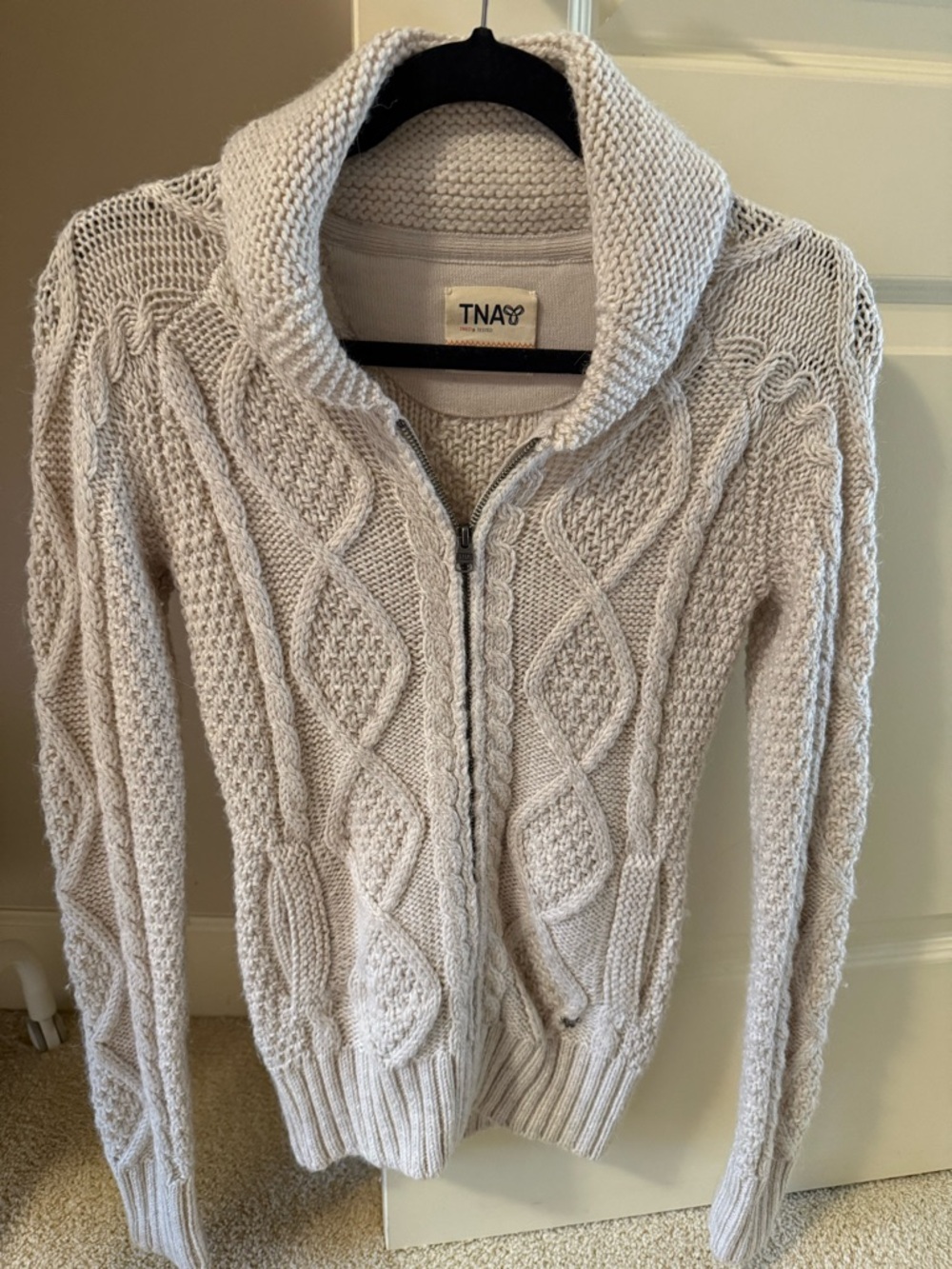 TNA Cream Cable-Knit Zip Turtleneck Wool Sweater